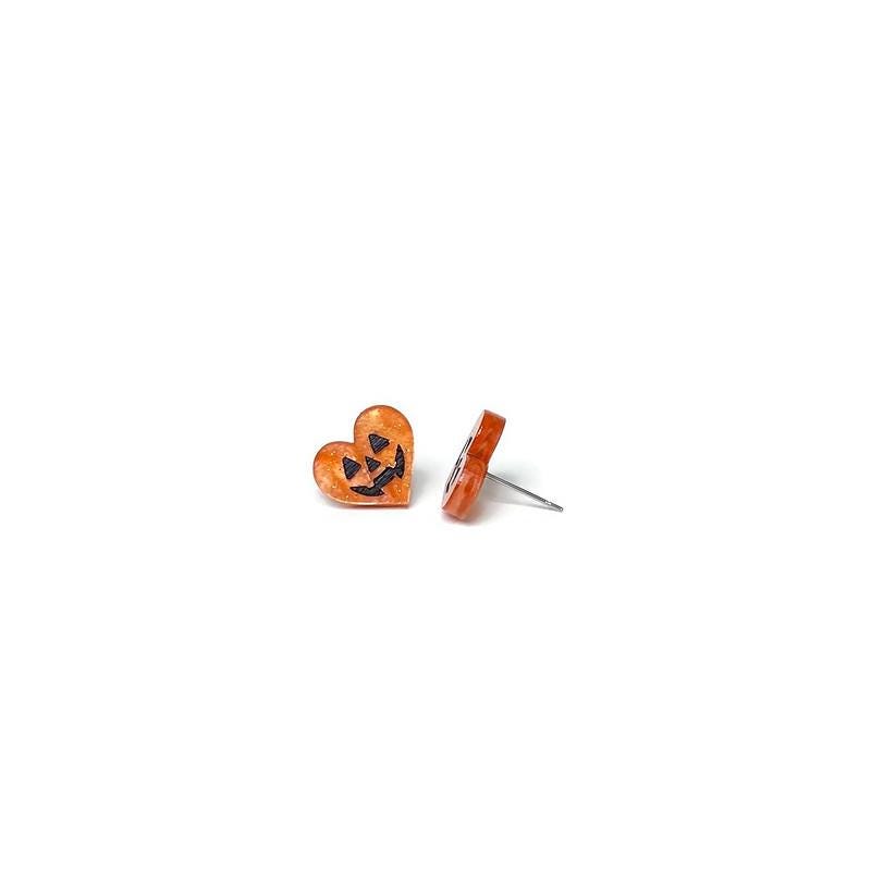 Orange Marble Jack O’ Lantern Heart Stud Earrings