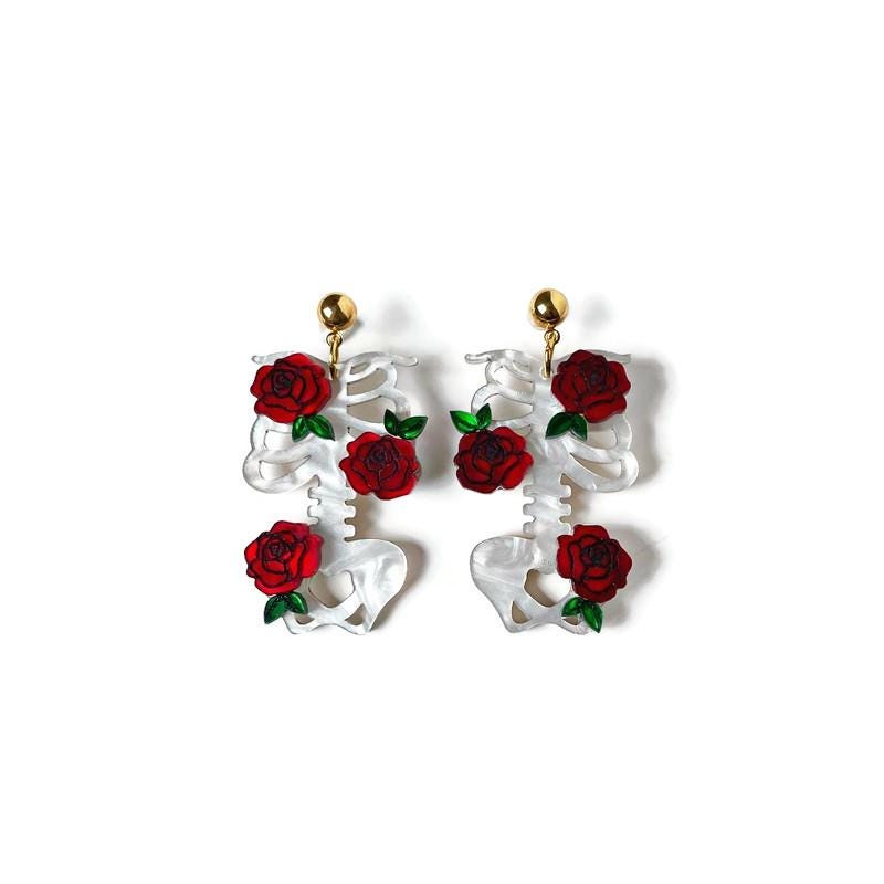 White Bones and Red Roses Dangle Earring