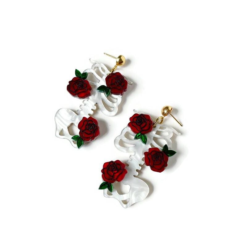 White Bones and Red Roses Dangle Earring