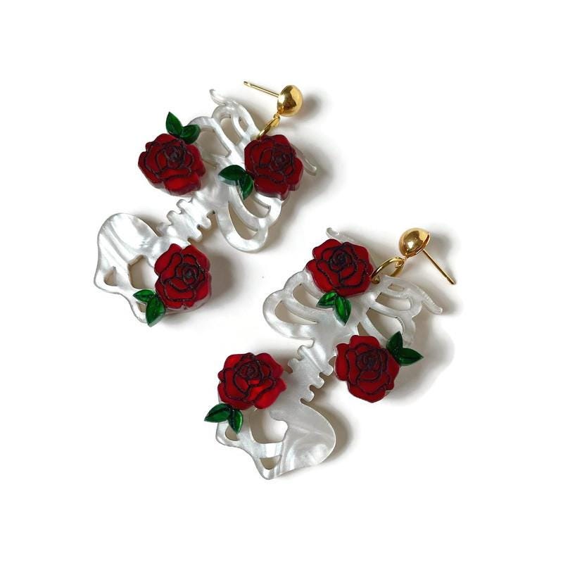 White Bones and Red Roses Dangle Earring