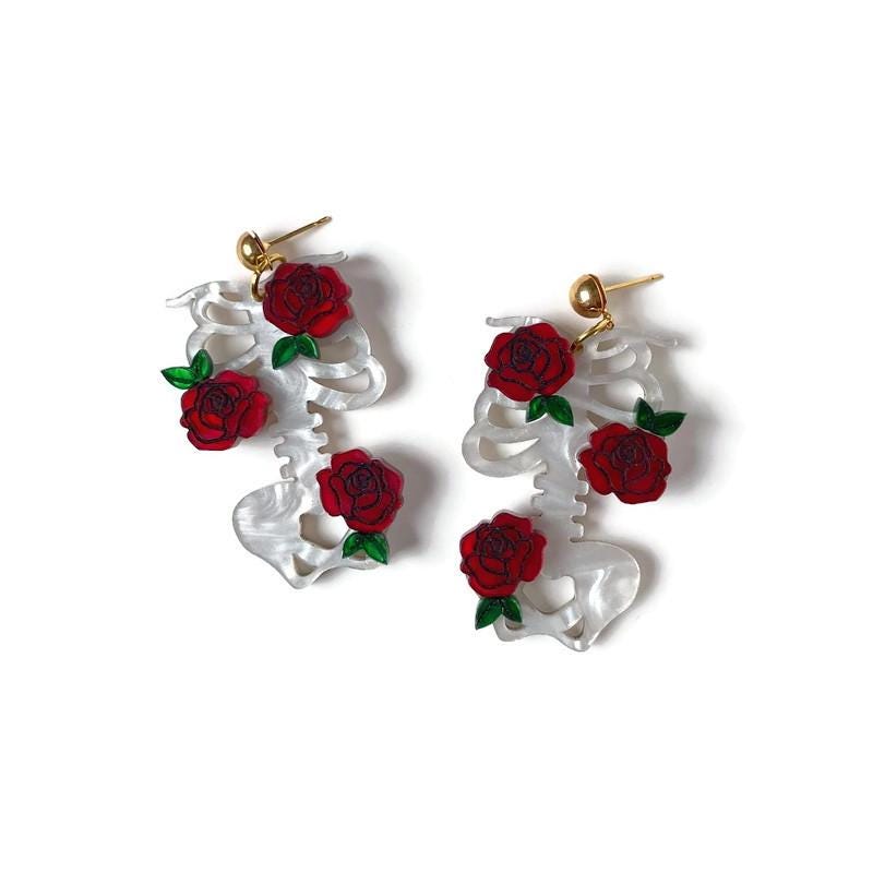 White Bones and Red Roses Dangle Earring