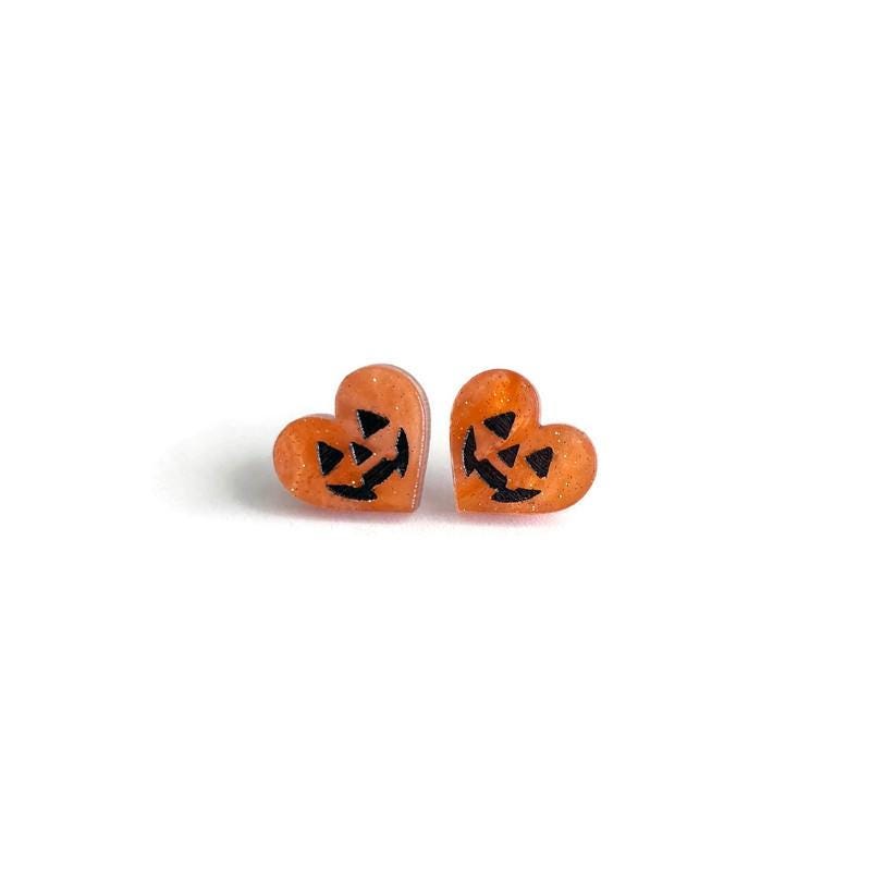 Orange Marble Jack O’ Lantern Heart Stud Earrings