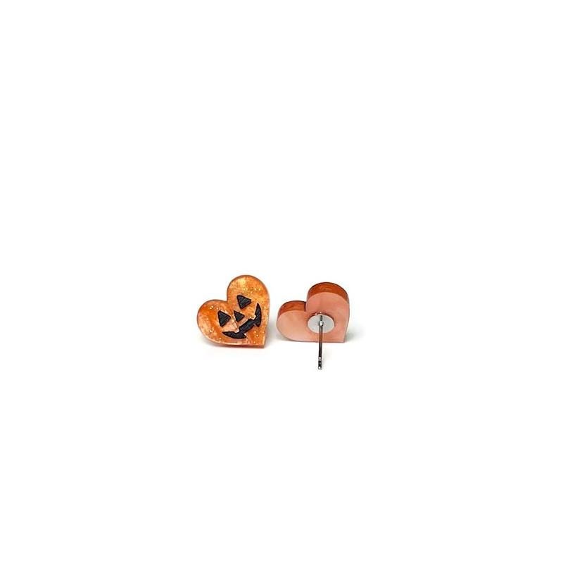 Orange Marble Jack O’ Lantern Heart Stud Earrings